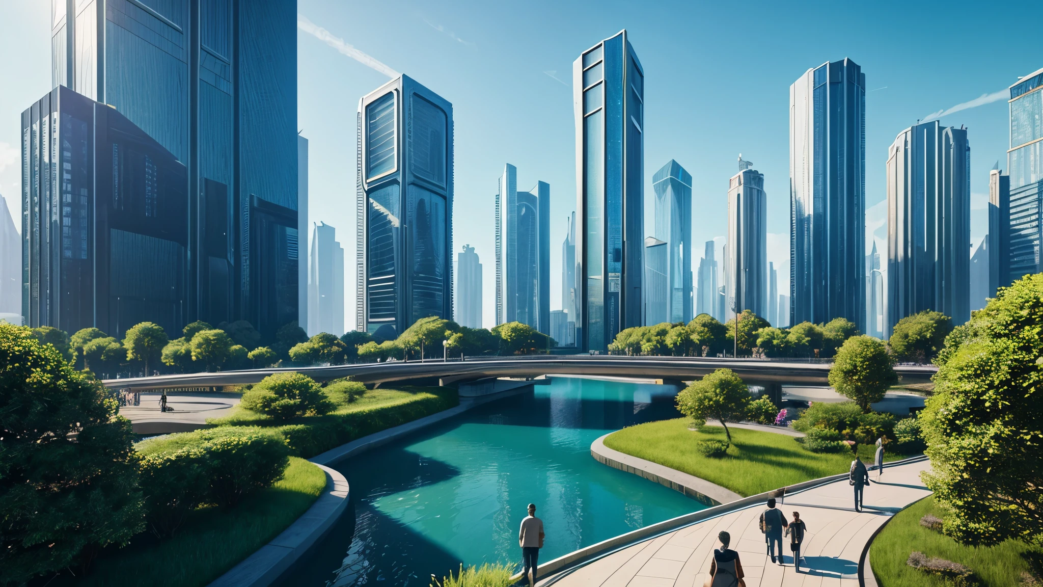 scifi, beautyful futuristic park, architectual, organic skyscraper, space design, cyberpunk, futuristic, lake, people, hightech, hard-surface design, daylight, much tech, much electronic, very cozy, ambient light, realistic view, wide angle, year 2224