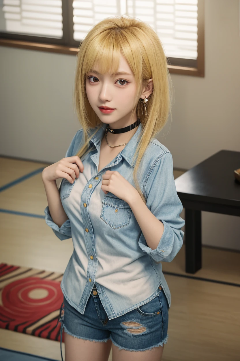 Beautiful girl in a short skirt with yellow hair in a ponytail on both sides, wallpaper. 3D