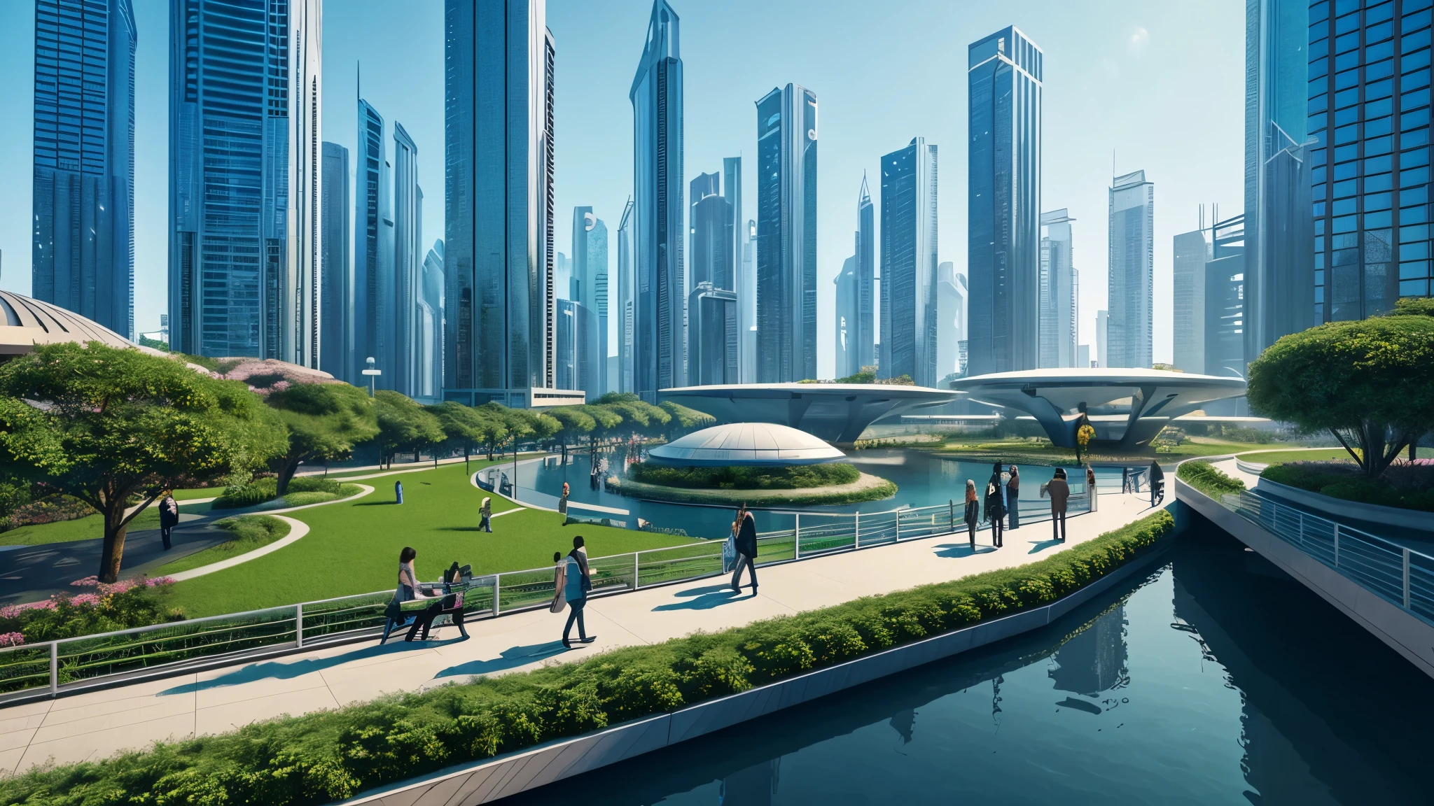 scifi, beautyful futuristic park, architectual, organic skyscraper, space design, cyberpunk, futuristic, lake, people, hightech, hard-surface design, daylight, much tech, much electronic, very cozy, ambient light, realistic view, wide angle, year 2224
