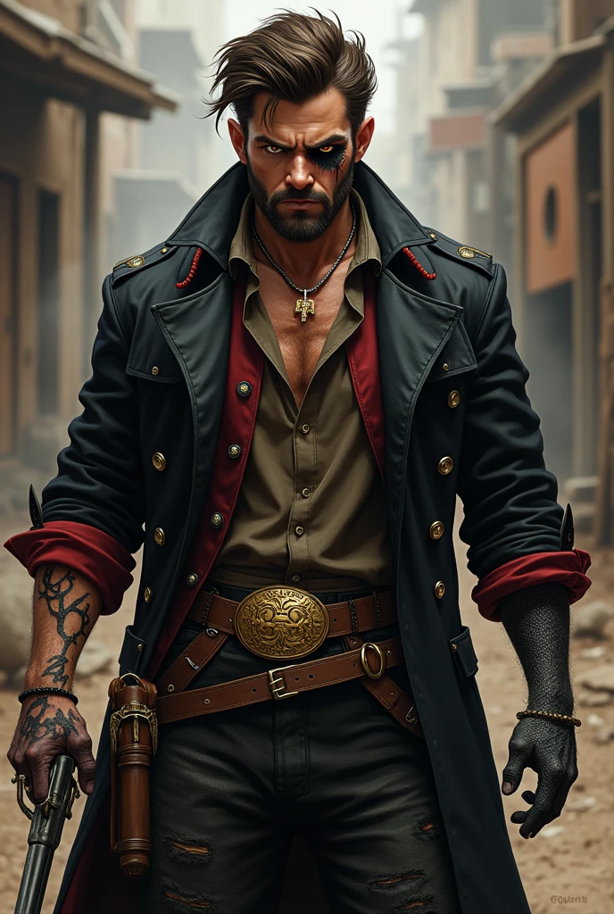 
He has brown hair styled in a quiff and a slightly long, messy beard. His right eye is brown, while his left eye has a black sclera with a yellow iris. He wears an open black trench coat with red details, a disheveled brown shirt underneath, and tattered black pants. A large golden buckle adorns his waist. His most striking feature is his demonic left arm. He also has a scar on his face. He is American, with a strong sense of brotherhood, and is always seen smoking. i would like the art in a fantasy rpg style, in the old west