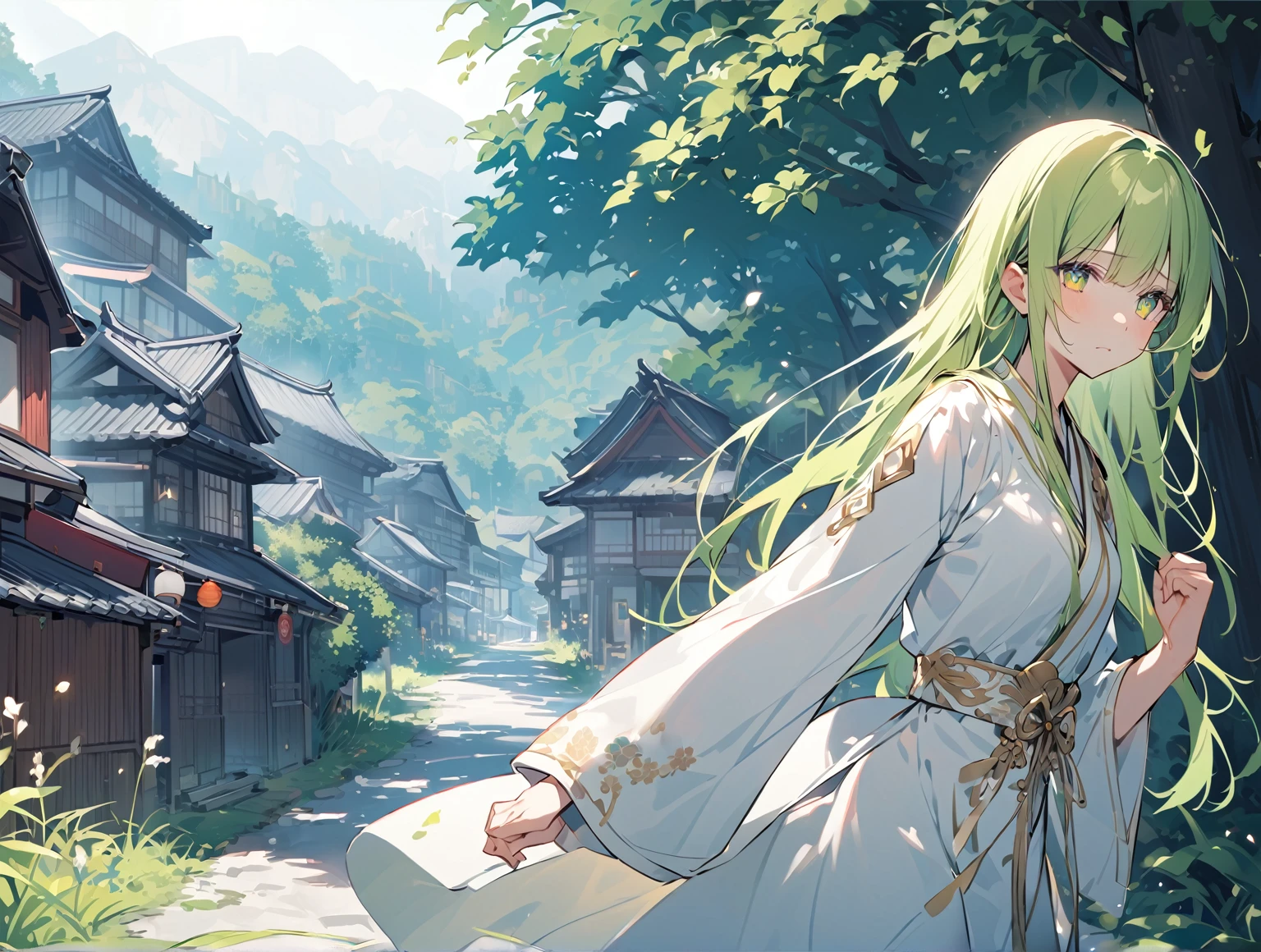 village square background, whole body, slender, thin legs, Greenish-yellow hair，Yellow-green pupils，White clothes with green and yellow are embellished with gold and silver ornaments，She is a natural cute girl,((sad)),white thighhigh boots,upper body, long hair, white clergy costume,((zero two)),walking,((a village in rural japan)),a little forest in background,((adult)),sad,sad,