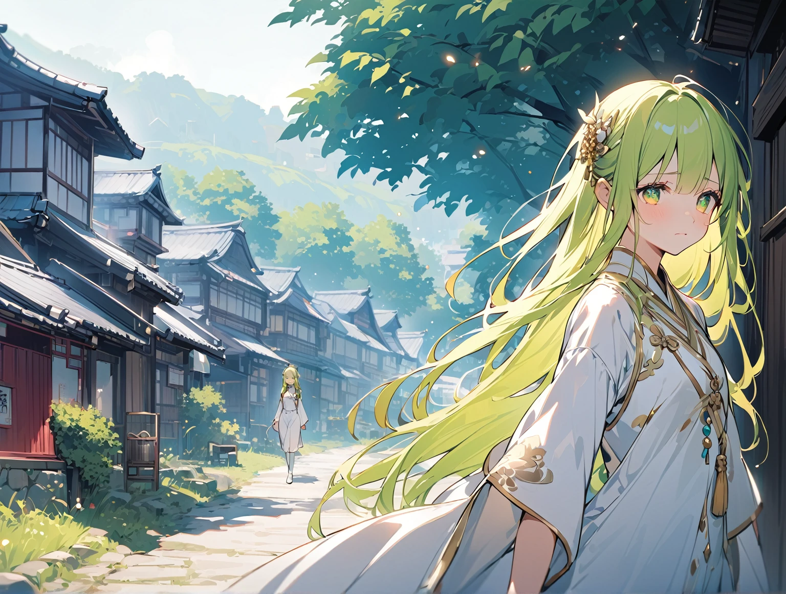village square background, whole body, slender, thin legs, Greenish-yellow hair，Yellow-green pupils，White clothes with green and yellow are embellished with gold and silver ornaments，She is a natural cute girl,((sad)),white thighhigh boots,upper body, long hair, white clergy costume,((zero two)),walking,((a village in rural japan)),a little forest in background,((adult)),sad,sad,
