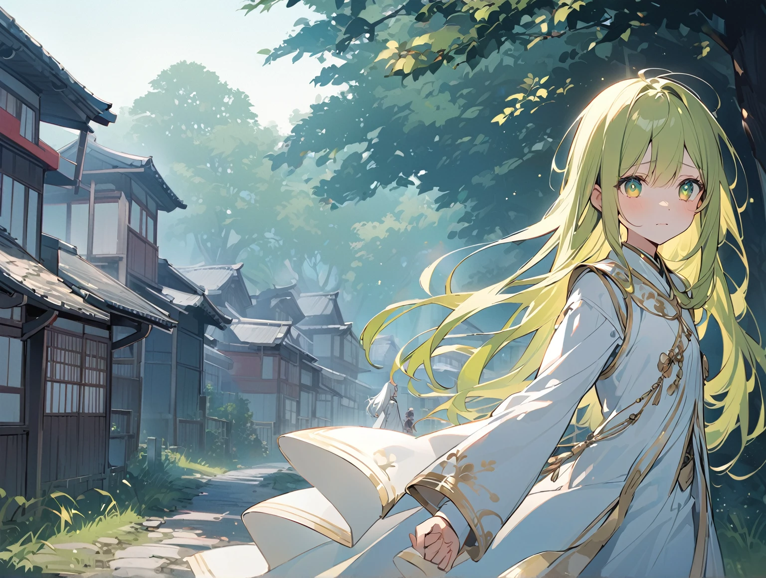 village square background, whole body, slender, thin legs, Greenish-yellow hair,Yellow-green pupils,White clothes with green and yellow are embellished with gold and silver ornaments,She is a natural cute girl,((sad)),white thighhigh boots,upper body, long hair, white clergy costume,((zero two)),walking,((a village in rural japan)),a little forest in background,((adult)),sad,sad,