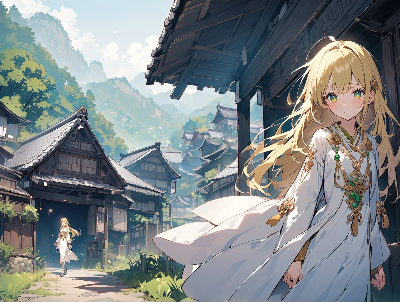 village square background, whole body, slender, thin legs, Greenish-yellow hair，Yellow-green pupils，White clothes with green and yellow are embellished with gold and silver ornaments，She is a natural cute girl,((sad)),white thighhigh boots,upper body, long hair, white clergy costume,((zero two)),walking,((a village in rural japan)),a little forest in background,((adult)),sad,sad,