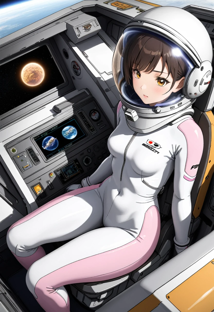 (Spacesuit:1.15), White Cargo Pants, Space Helmet , , 狭いSpaceship内, masterpiece, Highest quality, 1人of, alone, short hair, , , , , Bodysuits,Gloss,Backpack, From above, baburuherumetto, short hair, internal (cockpit) of (Spaceship:1.6), , blush,Sit in your seat,Seat belt, Covered navel, short hair, Stingy, From above,slim,Small breasts