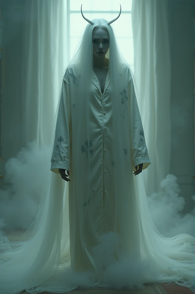 image of a person enveloped in a shroud-like material, appears to be merging with the air around them, high contrast between the dark background and the bright, glowing texture of the material to give a feeling of emergence or transformation, monochrome shades to enhance the mysterious and intense atmosphere