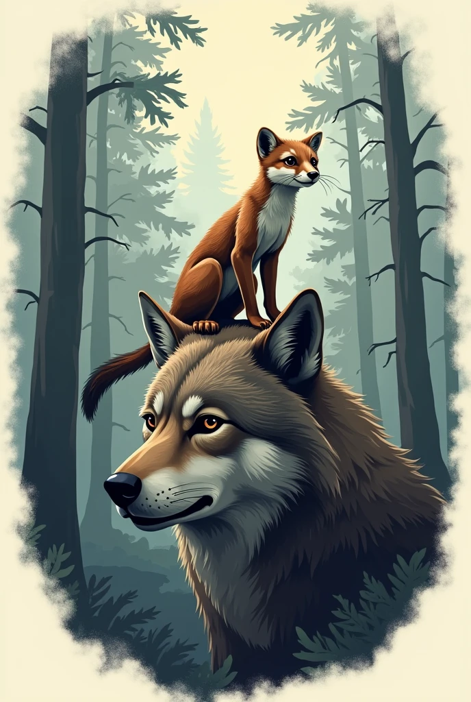 make a logo for the travel channel "wolf tracks and weasel trails" with a weasel on top of a wolf and a foggy forest behind