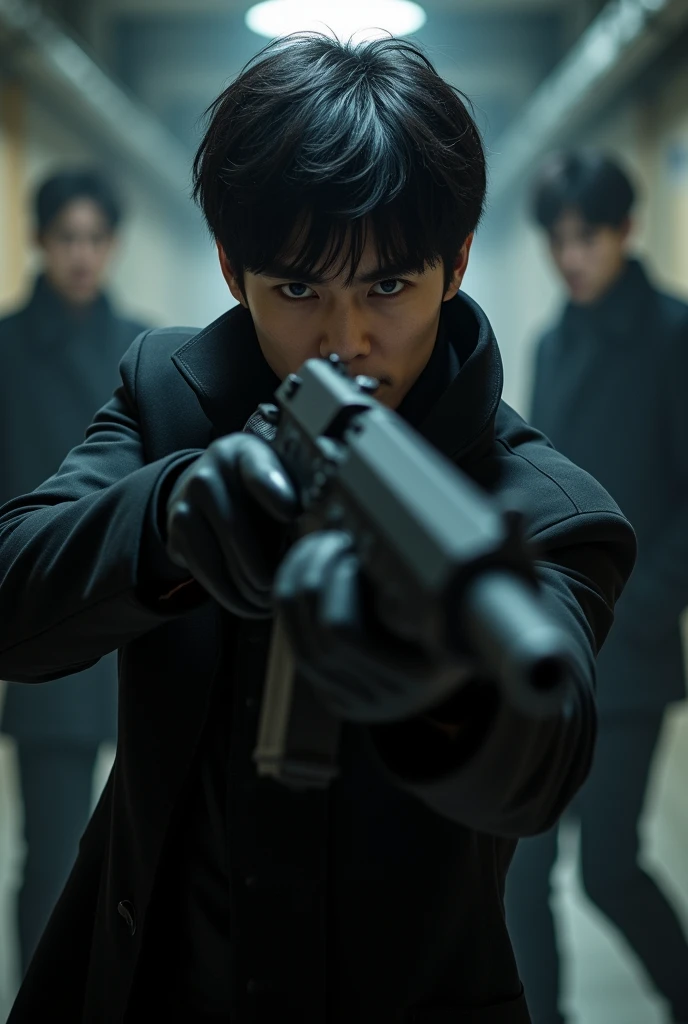 Japanese handsome male college student terrorist shoots with rifle。Full body black。The clothes are black。Gloves are black。3 people。point the gun here。