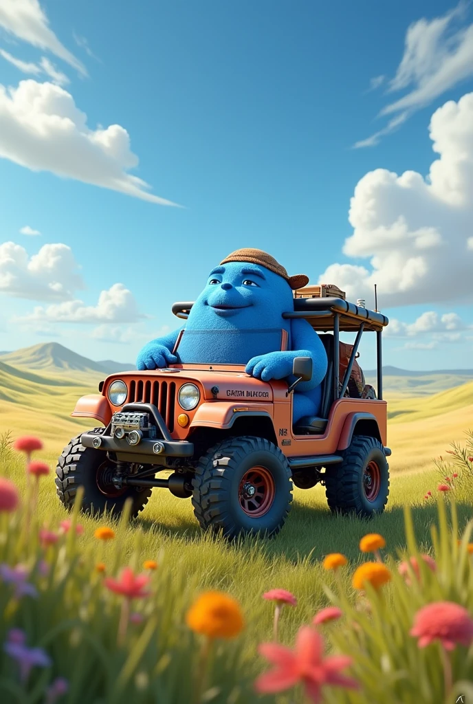 Blueberry traveling in a jeep through the prairie 