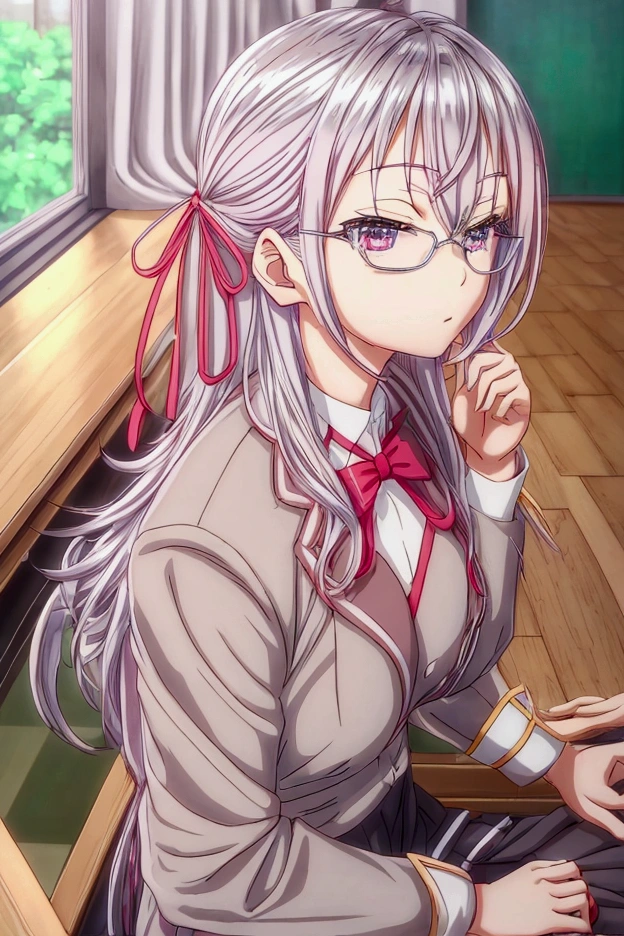 アニメ, female character ,alya-san,beautiful silver hair with a ribbon tied ,student uniform ,medium breasts ,ultra quality .