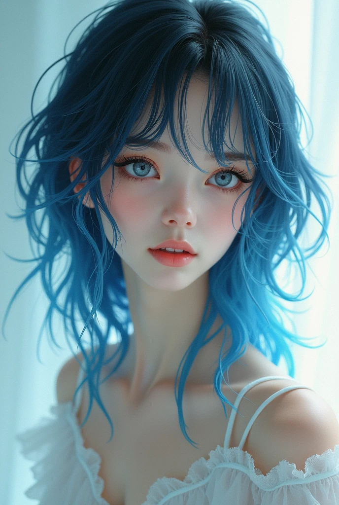 A brunette girl with blue hair
