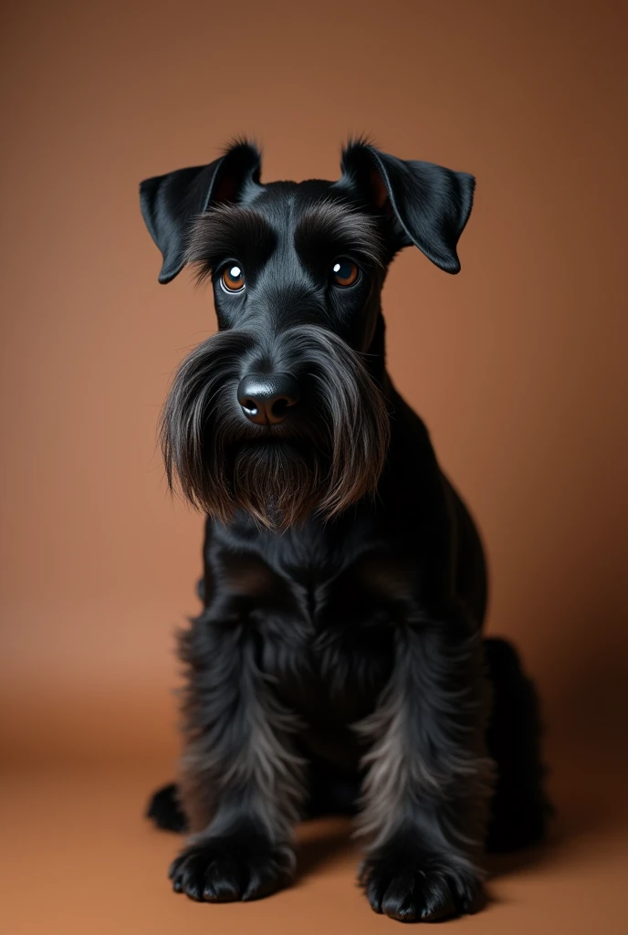 a beautiful dog of the Schnauzer breed, he is black, isolated on a brown background