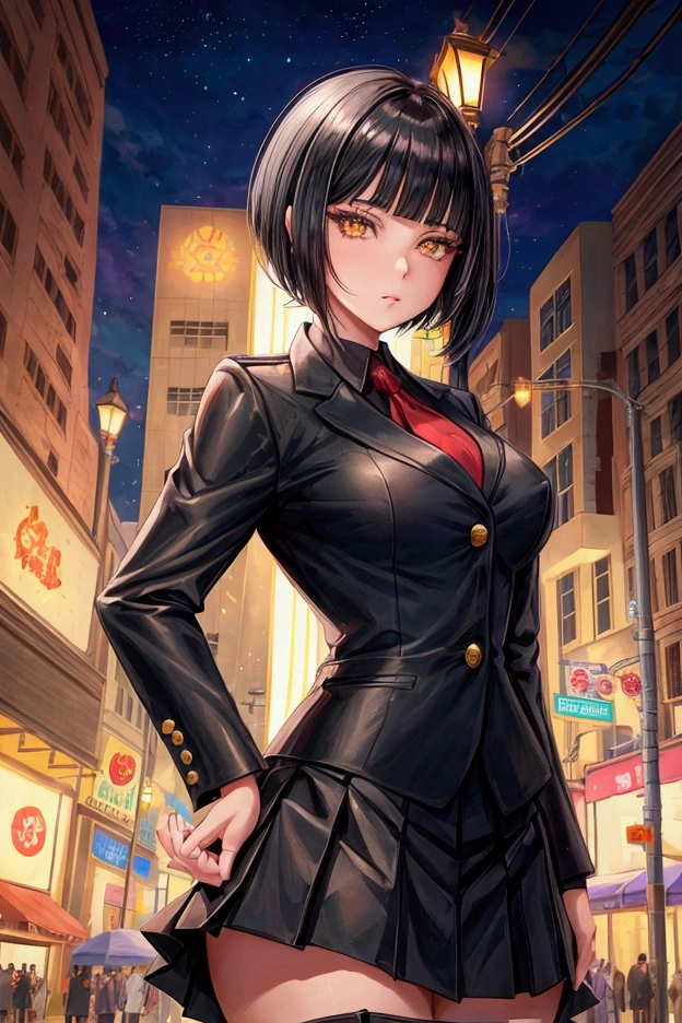 gorgeous young woman, short black hair, eyes browns, empress,pleated skirt suit,street lamps,neon,busy street background,(へそ:1.1,princess eyes), nobility, royaltly, high qualiy, work of art, highy detailed