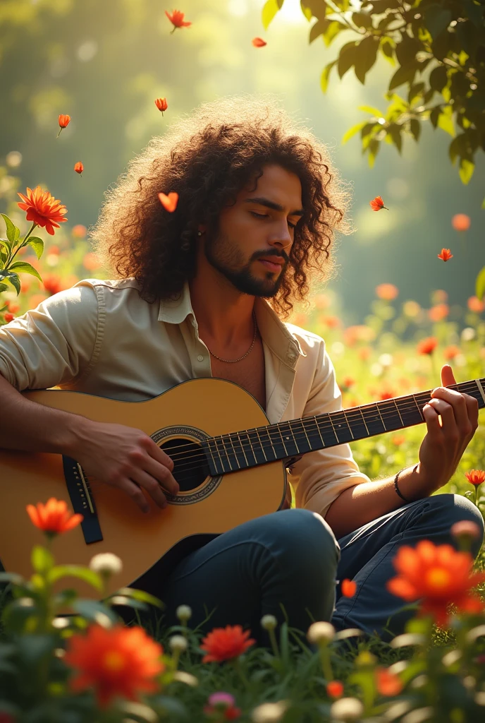 Beautiful male long curly hair playing guitar sunshine nature flowers