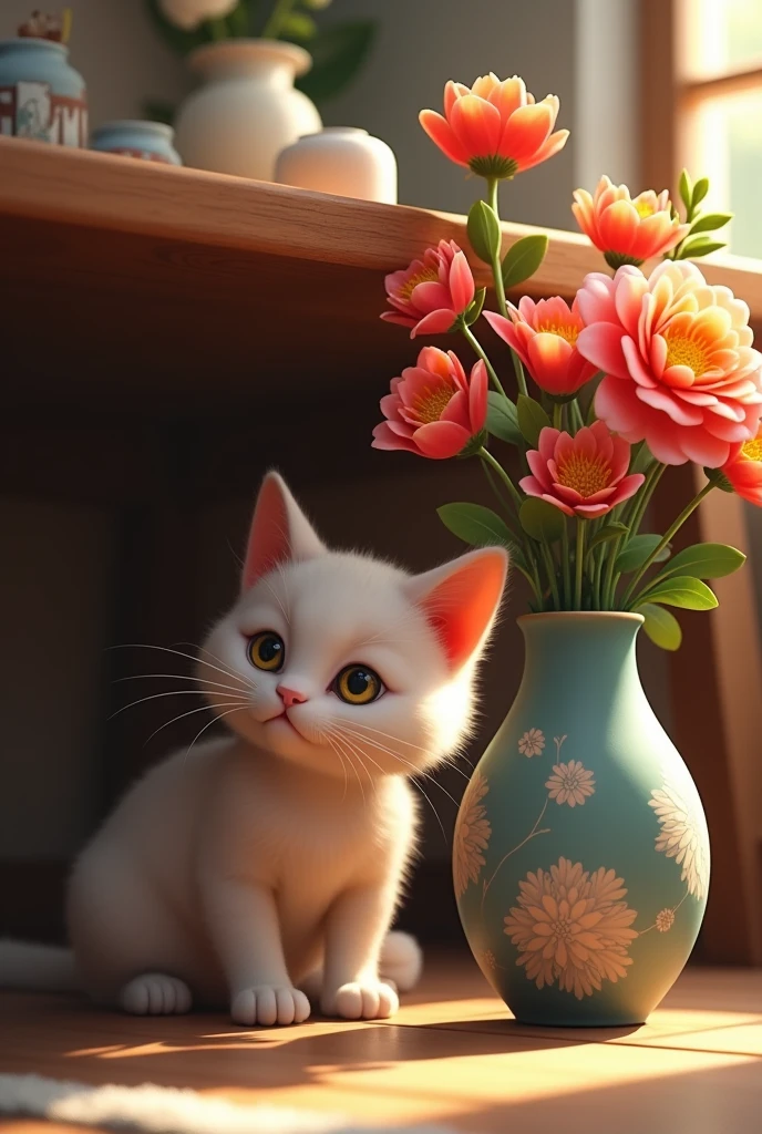 Cat under the table on the vase with flowers 