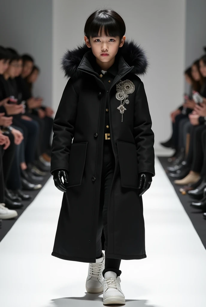Vogue Runway, full body portrait of an Asian children, wearing a black winter coat with hood and large embroidery ornament, white sneakers. In the style of an Asian children --ar 1:2 --stylize 750