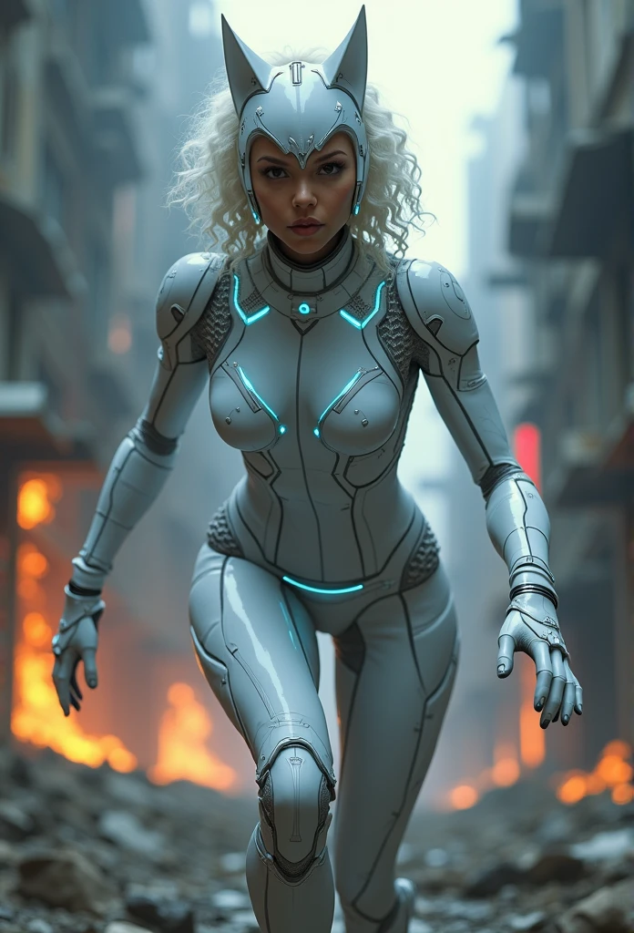 ((Best Quality)), ((Masterpiece)), ((Realistic)), (Detailed), (fotorrealist:1.5), Catwoman futuristic running, curly hair (White suit), lights on armor, Cyber hats, looking at viewer, dynamic pose, post-apocalyptic, ruined city background, burning buildings, Sci-fi, HDR, ray tracing, NVIDIA RTX, Super Resolution, Unreal 5, Subsoil Scatter,