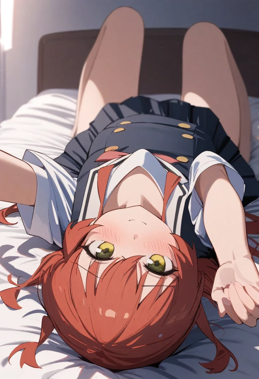 1girl,kita ikuyo,red hair,yerrow eays,smile,blush,school uniform,lying on bed,from below,masterpiece,best quality,absurdres,