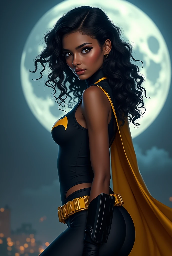(((jeune fille magrébine, 18 ans))), ((seule)), (((une fille seule))), (((cheveux noirs curly hair))), ((costume de Batman)), (((Batgirl))), ((pleine lune)) ((cheveux beaux et brillants)), ((cheveux longueurs épaules)), (yeux couleur noisette), (((grands yeux))), ((position de combat)), ((arabe marocaine)), (((charmante et innocente))), ((curieuse)), (regard mignon), ((longs cils)), ((yeux en amandes)), (mâchoire carré), ((regard intense et chaud)), ((mignonne)), (((eyeliner noir))), ((lèvres pulpeuse)), ((courbes sexy)), ((jambes douces)), ((fesses rebondis et douces)), (style comics), ((grande et belle)), ((taille fine)), ((taille mannequin)), (petits seins), (((corps parfait))), (belles mains), (beaux pieds), (grands pieds), (grandes mains), (((sublime))), (meilleure qualité), 8k ultra HD, haute résolution, photoréaliste