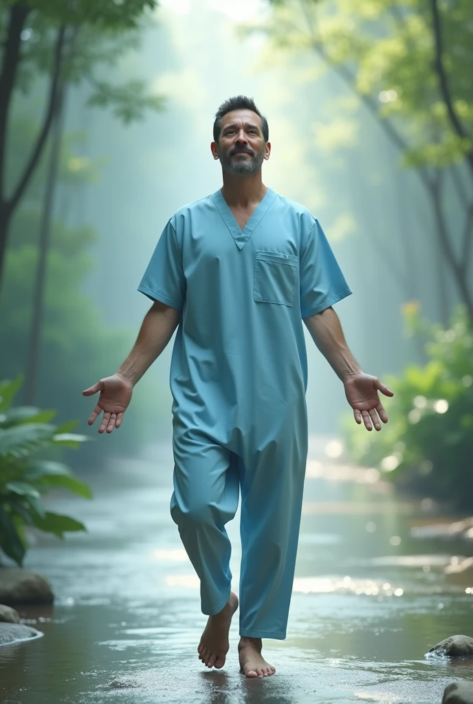 A white Caucasian man in his 40s, barefoot, facing forward. short black hair. Without beard. Wearing a light blue nurse-style overall. realist. In a spiritual environment. Without beard. Relaxed attitude with some movement in the arms. slight smile. Keep this image. Without beard