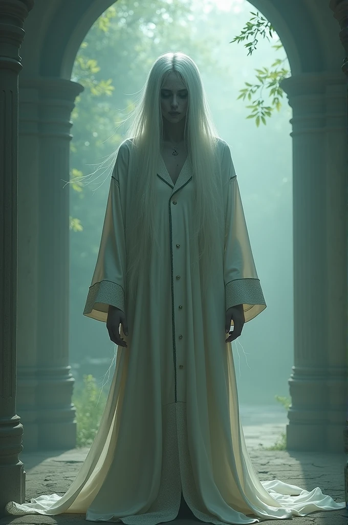 Create a highly realistic, photorealistic image of "Bōrei Hime," an original Japanese yokai. This ghostly princess has a terrifying, ethereal appearance with long, flowing white hair, hollow eyes, and a spectral presence. The atmosphere should be eerie and haunting, set in an old, abandoned temple. The background should include crumbling stone pillars, dim torchlight, and an oppressive, dark ambiance. The image should have a vertical orientation with a 9:16 aspect ratio.
