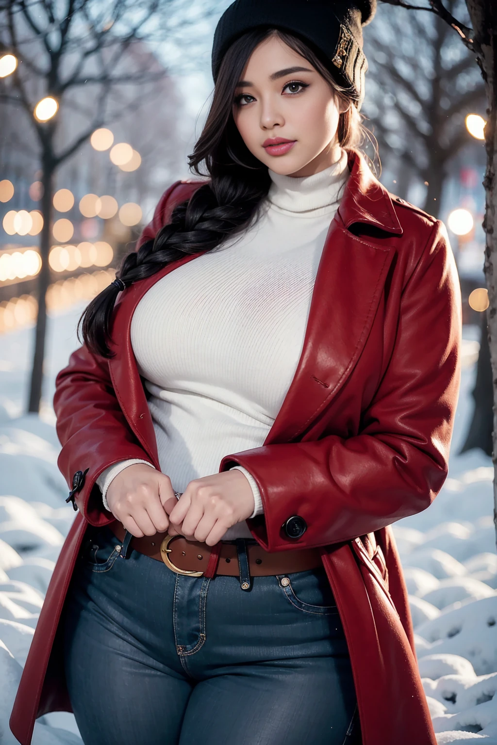 Beautiful sensual woman with a curvy body, long hair, bangs, french braid, widest waist, fitting breasts, curvy accentuated booty, sparkling eyes, long eyelashes, thick thighs, Strong calves, smirk, taniaayusiregar, She wears a red wool Coat, black Pullover, white trousers, belt, beanie, she is in a dark low lit Park, evening in Winter, snowy, photorealistic, Masterpiece, bokeh, Volumetric lighting, winter season atmosphere, close up shot