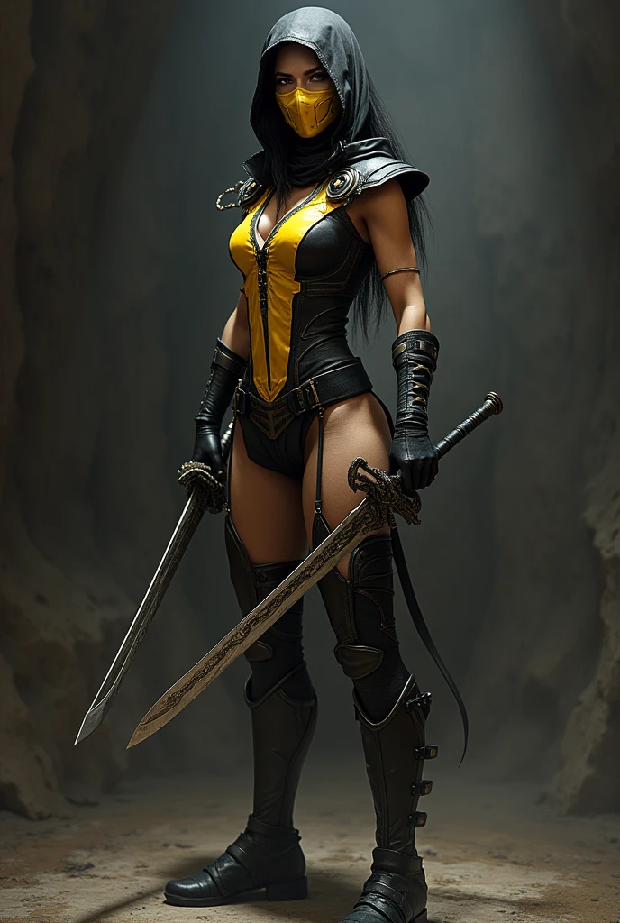 Scorpion Mortal Kombat female version on side with swords