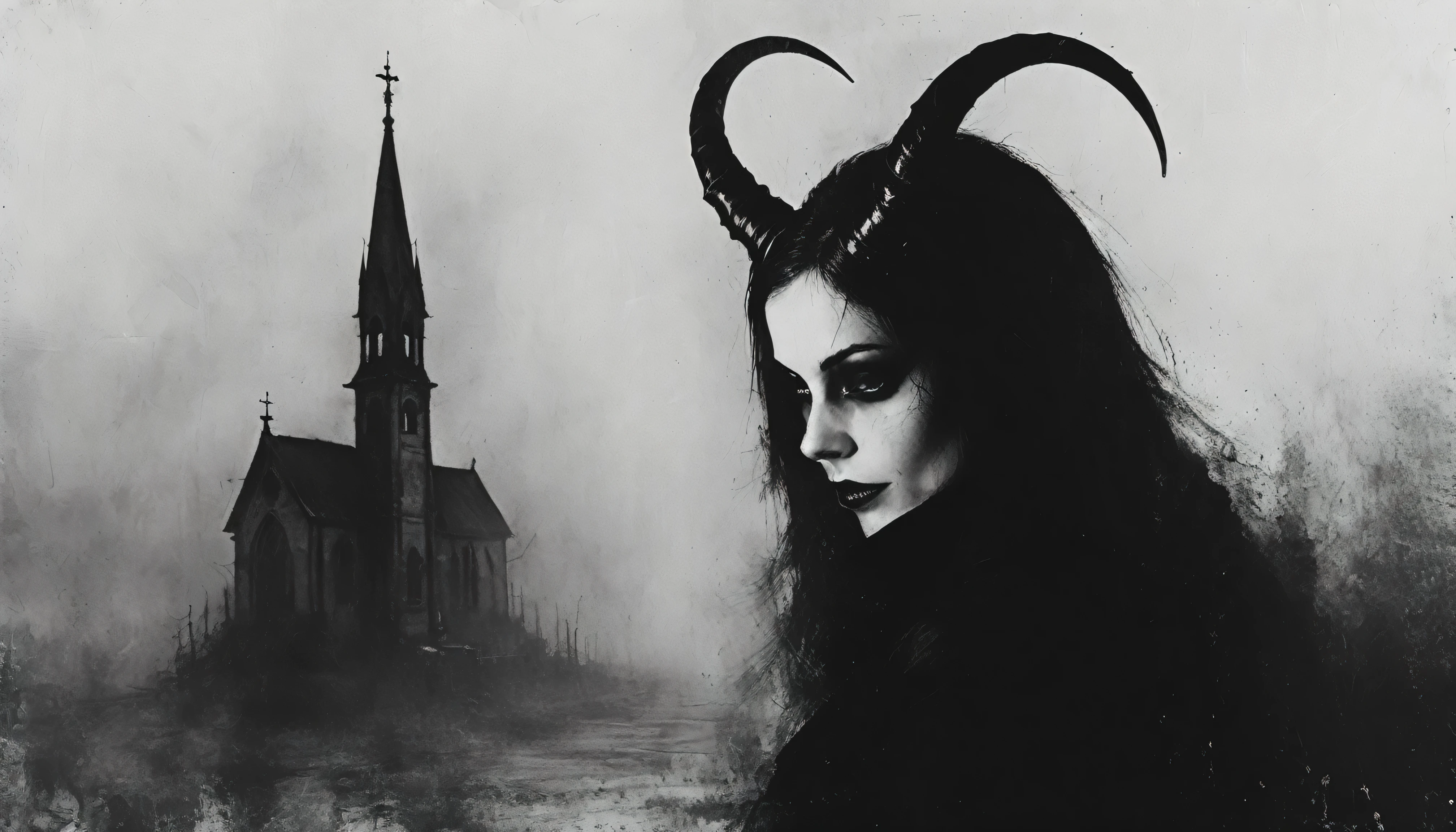 a painting of a holy succubus with horns, chiasmus, gloves, gothic dress, vampire the masquerade bloodlines, incredible art, gloomy background, nimbus, church ragged vestments, darksketch, close-up even more with a seductive stare.