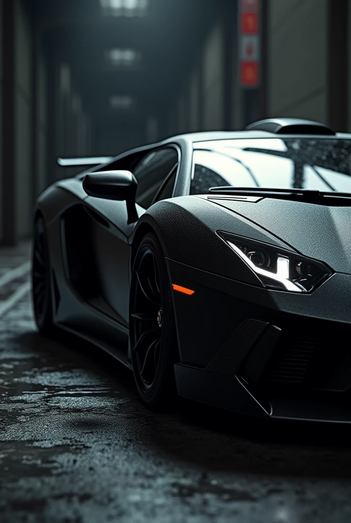matte black lamborghini reventon 2007 supercar, Low angle, Moody lighting, Digital painting, Artstation, Concept art, Highly detailed, Sharp focus, by greg rutkowski and artgerm.