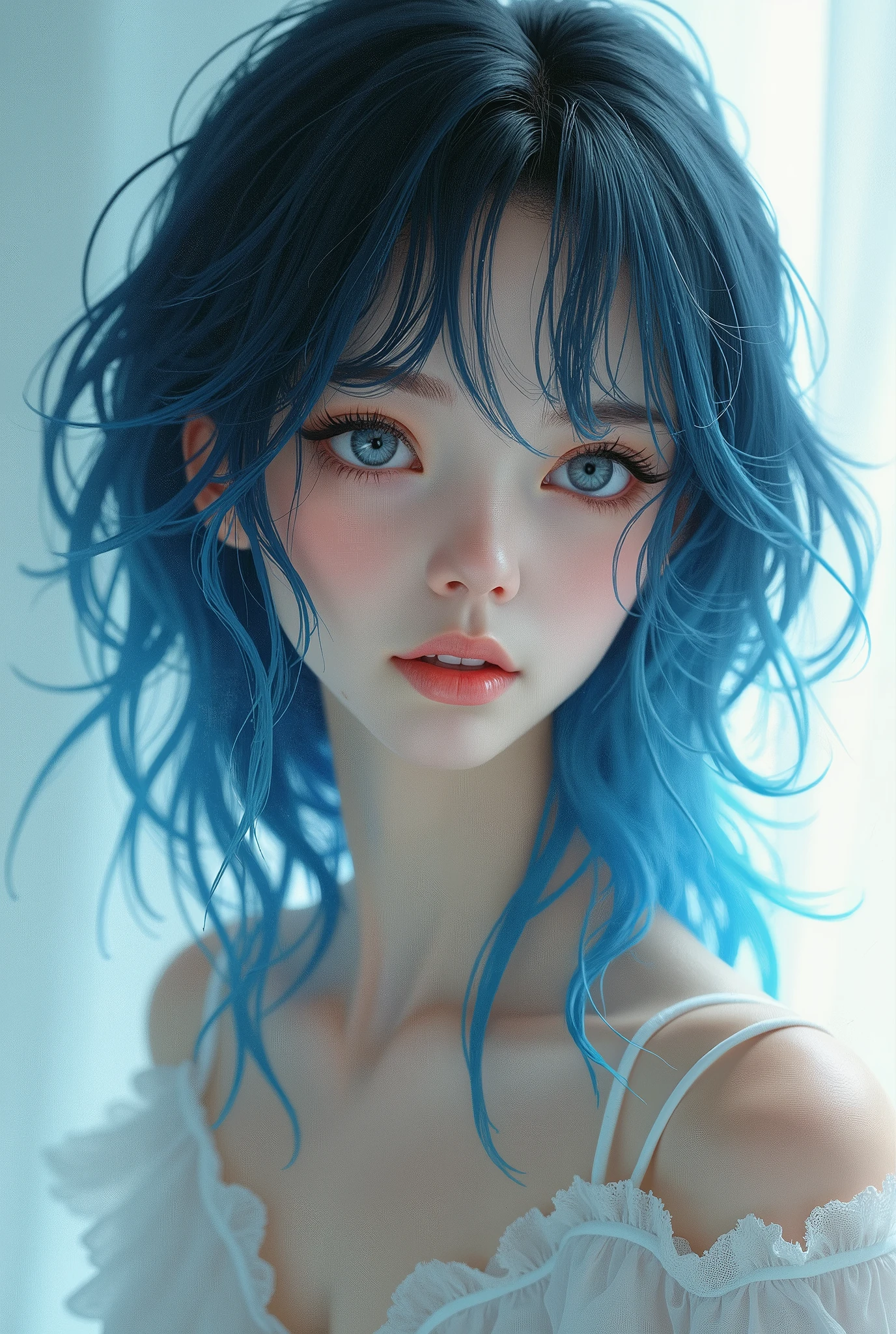 A brunette girl with blue hair
