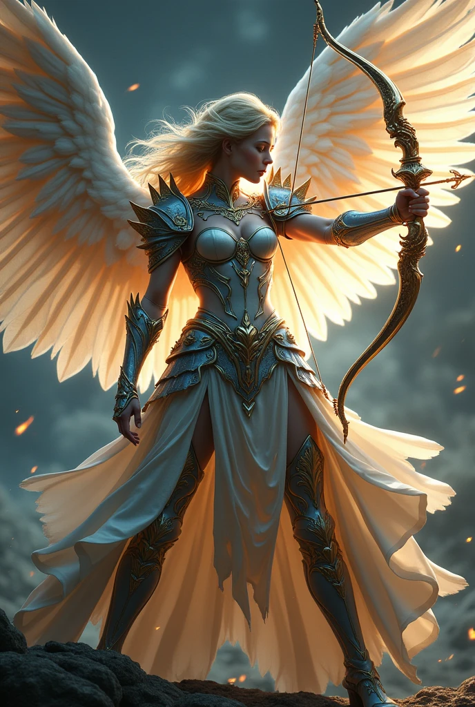 (photorealism:1.2), Badass Warrior, Angel, graceful, woman, fully armored in angelic theme, holding an intricate bow, six wings, blonde hair, white fire arrow ready to shoot, realistic, dark background