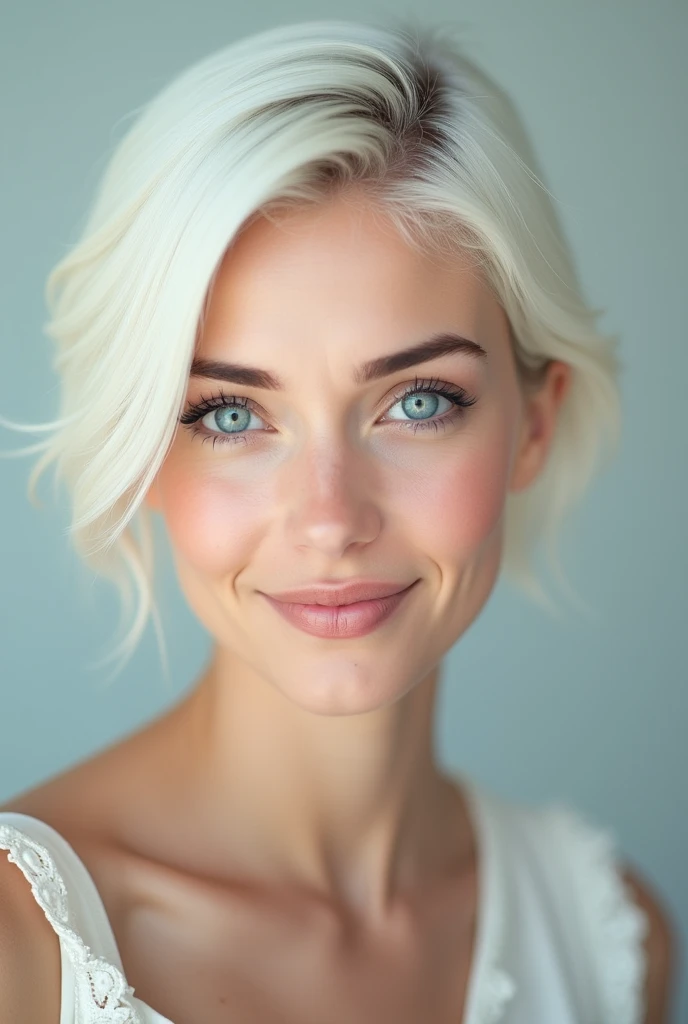 beautiful lady, (white hair), ssmile, blue colored eyes, shorth hair, no-makeup, hyperdetailed photograph, smooth light, Portrait of head and shoulders, cover