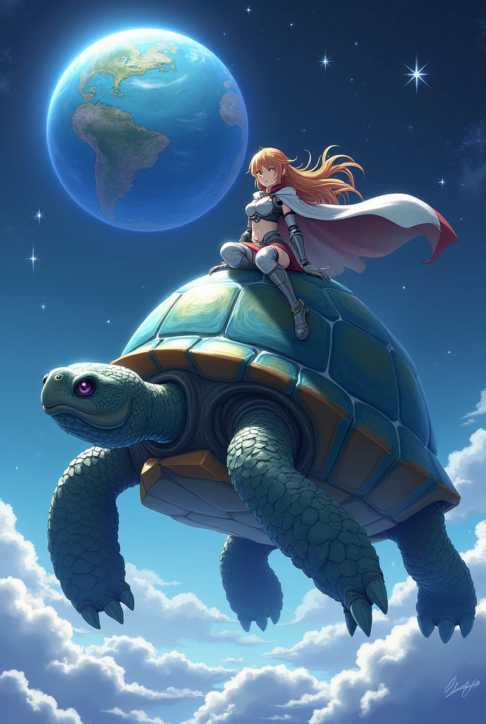 (Pictureanime) A magical turtle that has a Earth as its shell, with a anime girl on it. The girl has a cape and Magical Staff and somewhat armored. 
the turtle should be the main forcus and the girl can be seen on its head riding it. There should be no clouds or anything since they are in the middle of the galaxy and the background include stars and a planet representing what the turtles element is. Since its Earth the turtle should be almost water based like an elemental and they should be facing us
