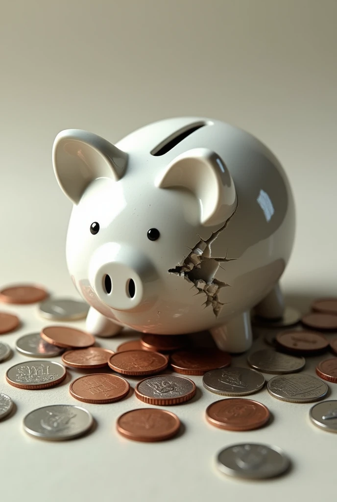 A broken piggy bank with coins scattered around it.  