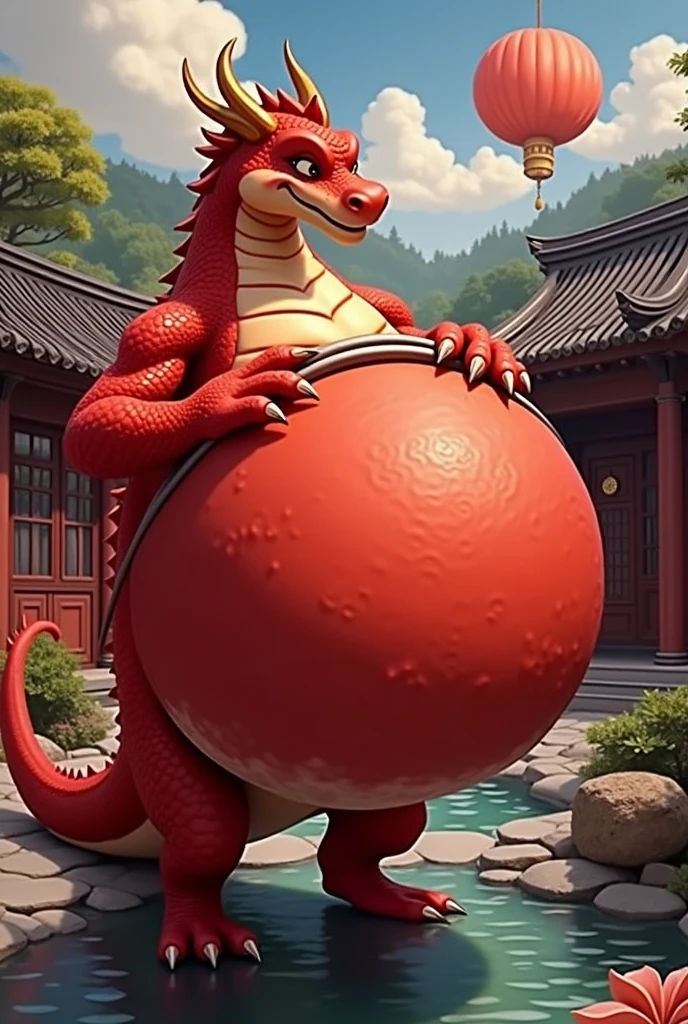 A dragon with a big and elastic belly stands in the garden with a hose in. Pope and he likes how water flows into him and his belly gets bigger, which makes him blush, everything is in Chinese style and the dragon is in furry style