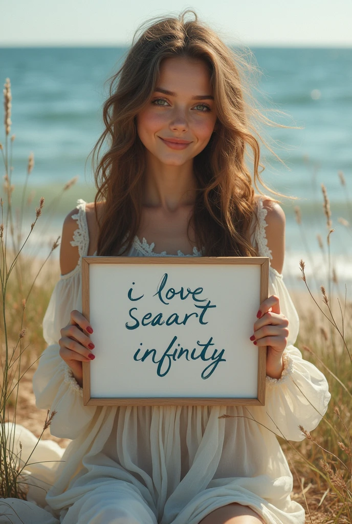Beautiful girl with wavy long hair, bohemian dress, holding a white board with text "I Love Seaart Infinity" and showing it to the viewer