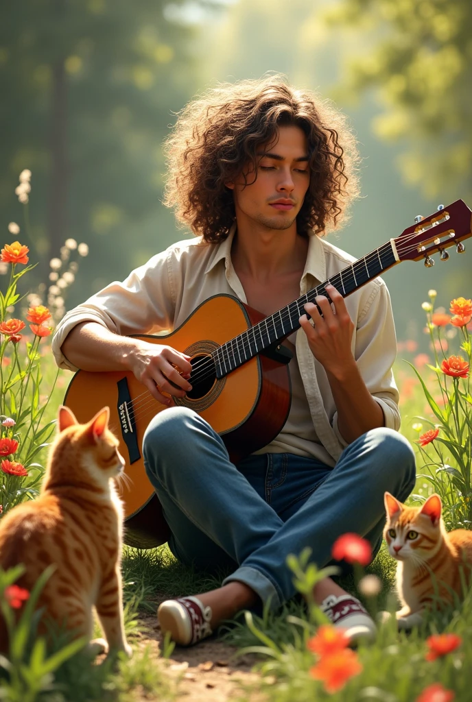 Beautiful male long curly hair playing guitar sunshine nature flowers two cats