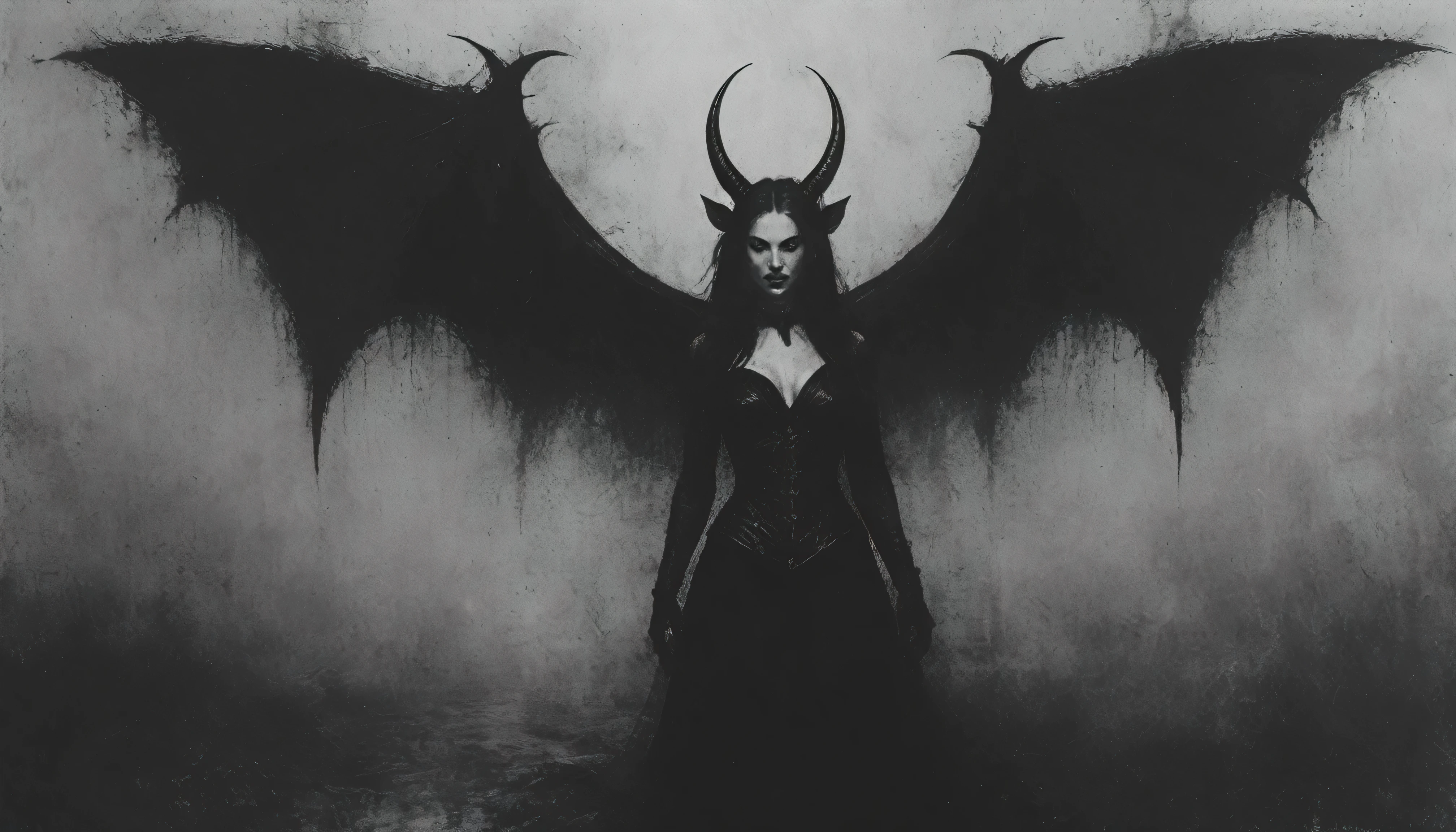 a painting of a holy succubus with horns, chiasmus, gloves, gothic dress, vampire the masquerade bloodlines, incredible art, gloomy background, nimbus, church ragged vestments, darksketch, close-up even more with a seductive stare.