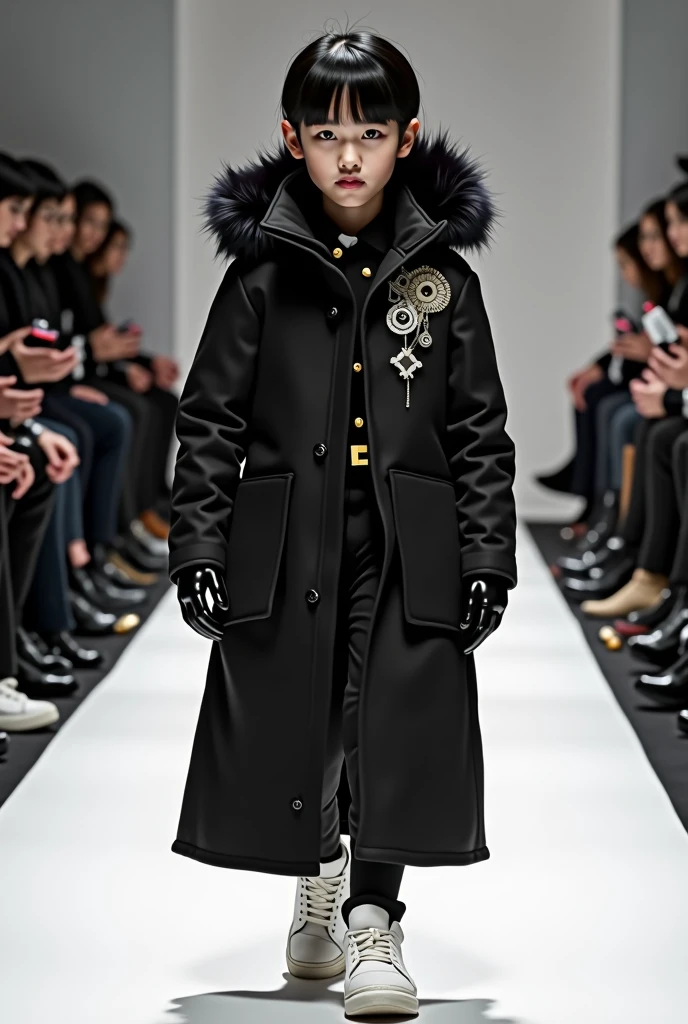 Vogue Runway, full body portrait of an Asian children, wearing a black winter coat with hood and large embroidery ornament, white sneakers. In the style of an Asian children --ar 1:2 --stylize 750