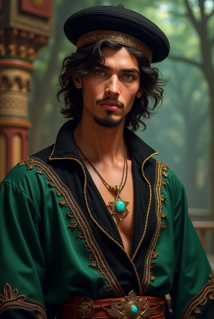 Create a 25 year old young gypsy man with dark brown skin, with 1,73 tall, greenish brown eyes, goatee, shoulder length wavy hair, His pants are black with a gold stripe, your black shirt with emerald green in gold details, black banana with gold, white Panama hat with green band. Its necklace is gold with a star-shaped pendant with a turquoise stone in the middle..