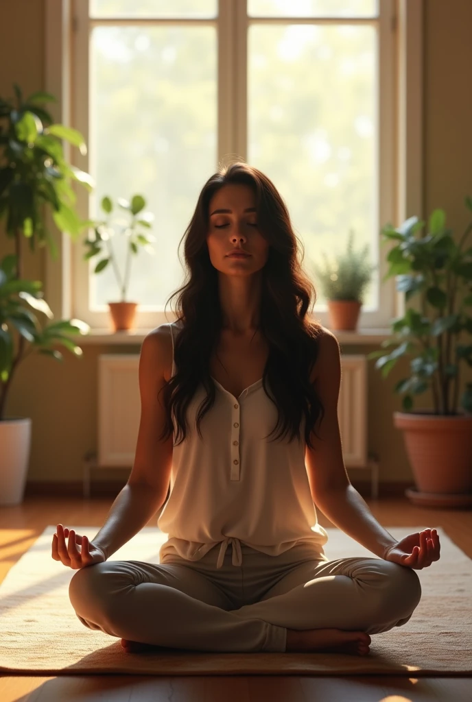 a white woman with long dark hair meditating in her living room