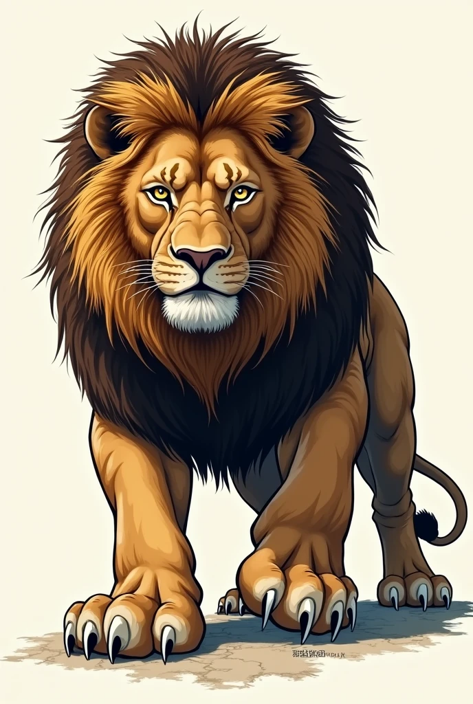 A big lion with VERY VERY VERY VERY sharp claws and a mane. He has a fierce look and he is ready to face any challenge., from the side and from the front the image but I want it more with a drawing, not so realistic