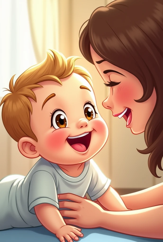 Draw a cartoon of a baby smiling and his mother talking to him
