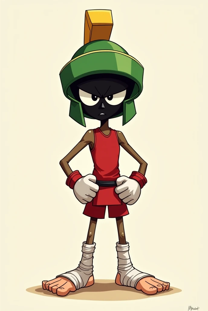 
Marvin the Martian dressed in muay thai and barefoot with bandages on his feet