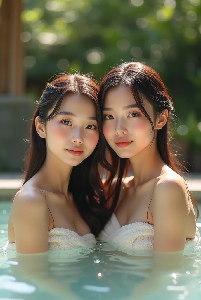 ultra 8k cg, picture-perfect face, perfect face, beautiful face, realistic, hyperrealistic, masterpiece, high quality, best quality, flawless, clean, all intricate, (2girls aligned), couple, shiny glossy skin, (towel:1.2), (various haircolor), (various hairstyle) Bathing in the hot springs, Open-air bath in summer,  flat chest, looking at viewer, gentle smile