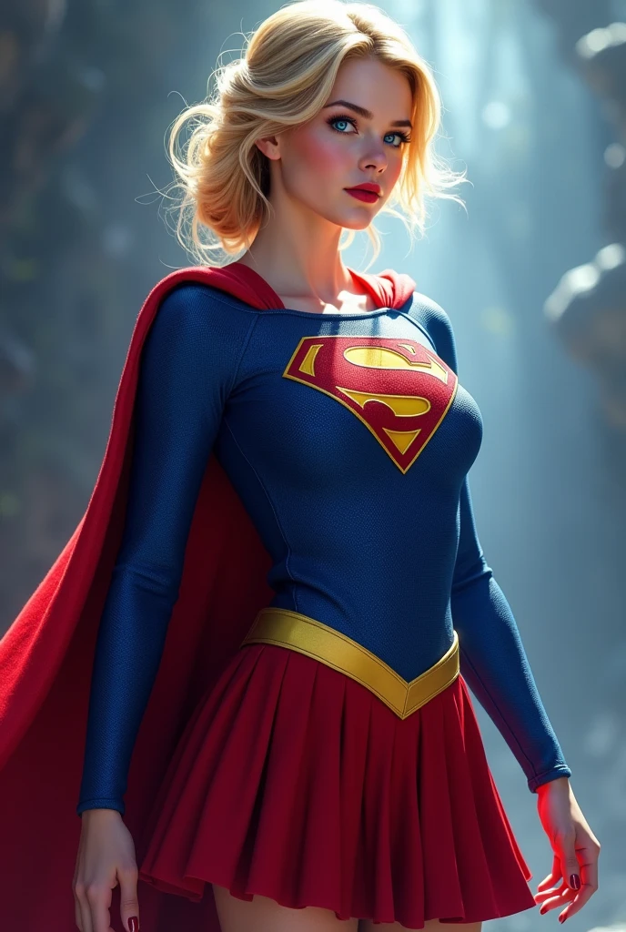A SEXY AND BUSTY 17 YEAR OLD YOUNG TEEN GIRL WITH BLONDE HAIR DONE UP NICLEY, AND DAZLING BLUE SAPHIRE EYES, WEARING A SPANDEX 1984 BLUE SUPERGIRL COSTUME COMEPLETE WITH A LONG READ PLEATED SKIRT WITH A YELLOW SUPERGIRL BELT, A PAIR OF RED HEELED BOOTS WITH YELLOW TRIM, AND A LONG FLOWING RED CAPE WITH THE GOLD "S" EMBLEM. RED LIPSTICK, RED FINGERNAILS. INCREDIBLY DETAILED GLOWING SKIN, INCREDIBLEY DETAILED FACE, INCREDIDBLEY DETAILED CLOTHING, TEXTURED SKIN PORES, TEXTURED HAIR, 8K ABSURD RESOLUTION, MASTERPIECE. PHOTO REALSITIC, HYPER REALISTIC. MYSTICAL BACKGROUND. 16K RESOLUTION. PREFESSIONAL GRADE IMAGE.