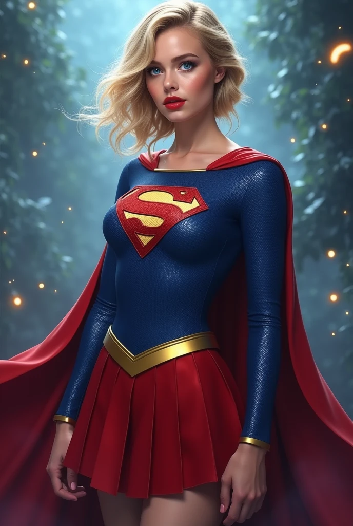 A SEXY AND BUSTY 17 YEAR OLD YOUNG TEEN GIRL WITH BLONDE HAIR DONE UP NICLEY, AND DAZLING BLUE SAPHIRE EYES, WEARING A SPANDEX 1984 BLUE SUPERGIRL COSTUME COMEPLETE WITH A LONG READ PLEATED SKIRT WITH A YELLOW SUPERGIRL BELT, A PAIR OF RED HEELED BOOTS WITH YELLOW TRIM, AND A LONG FLOWING RED CAPE WITH THE GOLD "S" EMBLEM. RED LIPSTICK, RED FINGERNAILS. INCREDIBLY DETAILED GLOWING SKIN, INCREDIBLEY DETAILED FACE, INCREDIDBLEY DETAILED CLOTHING, TEXTURED SKIN PORES, TEXTURED HAIR, 8K ABSURD RESOLUTION, MASTERPIECE. PHOTO REALSITIC, HYPER REALISTIC. MYSTICAL BACKGROUND. 16K RESOLUTION. PREFESSIONAL GRADE IMAGE.