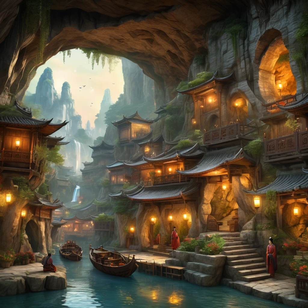 painting of a river with a boat and a cave in the background, beautiful fantasy cave scene, medeival fantasy town, fantasy town setting, beautiful render of tang dynasty, highly detailed fantasy art, 4k fantasy art, detailed fantasy digital art