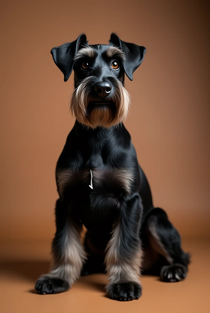 a beautiful Schnauzer dog, sitting facing forward, he is black, isolated on a brown background