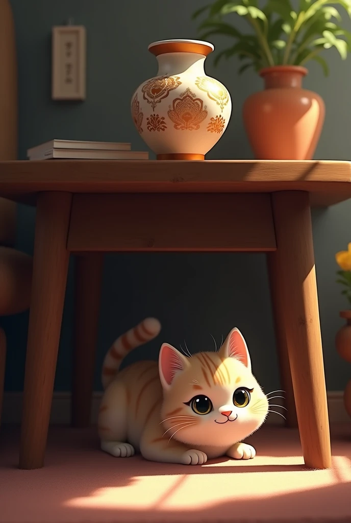 Cat under the table on the vase